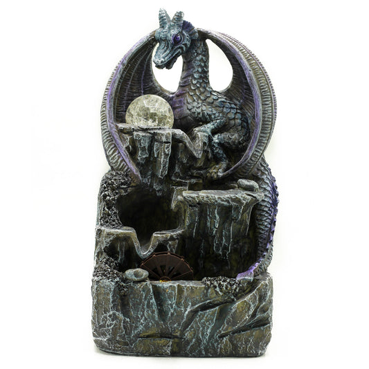 Fontaine de table Feng shui - Dragon violet, boule de cristal & roue à eau - 35 cm