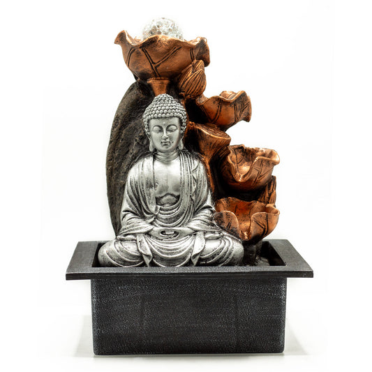 Fontaine de table Feng shui - Cascade Bouddha argenté & boule de cristal - 35 cm
