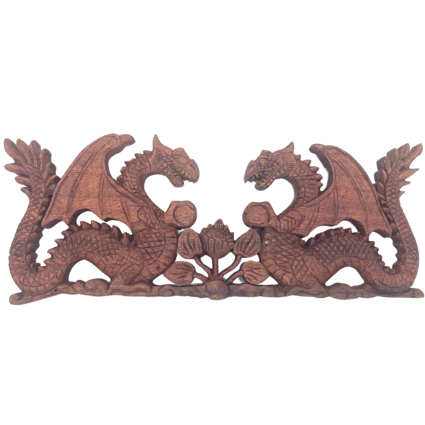 Plaque décorative en bois sculpté balinais - Dragon à deux faces (40 x 15 cm)