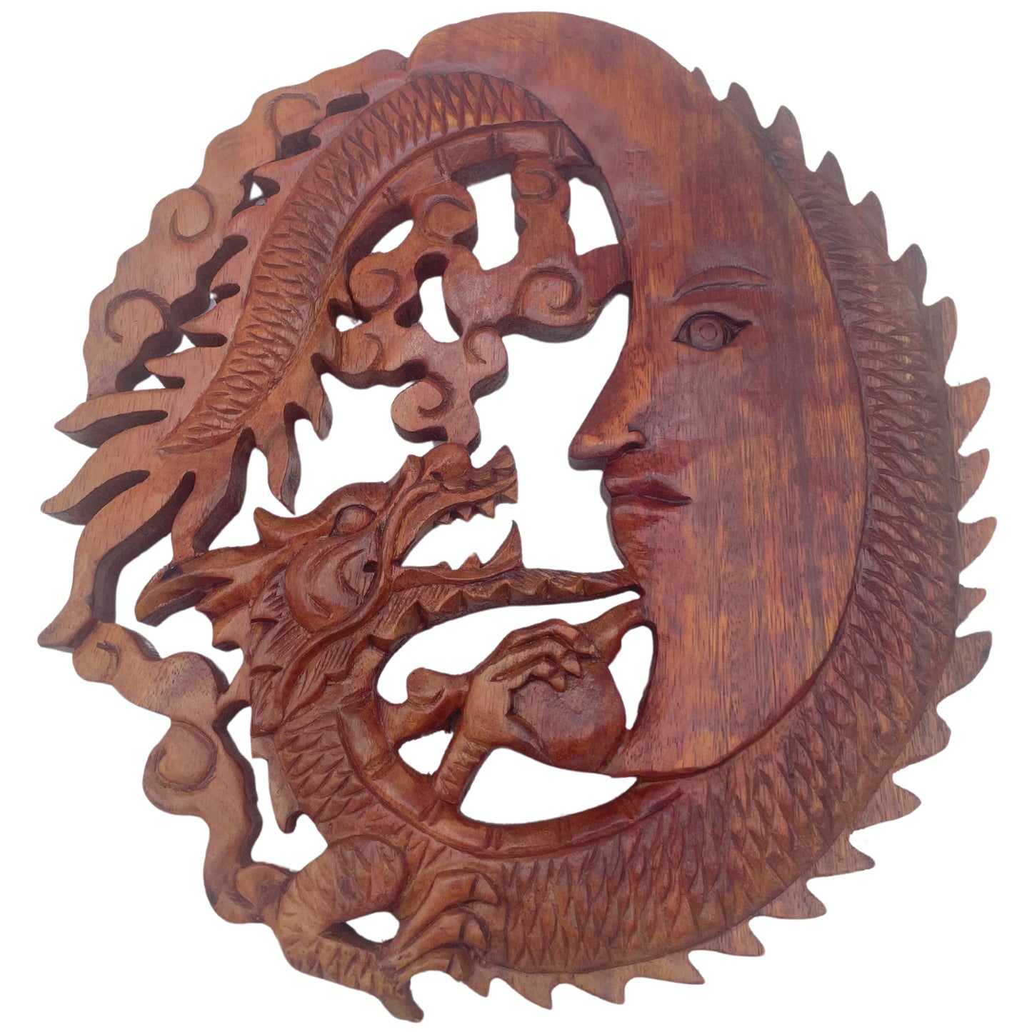 Plaque décorative en bois sculpté balinais - Visage de Lune & Dragon (30 cm)
