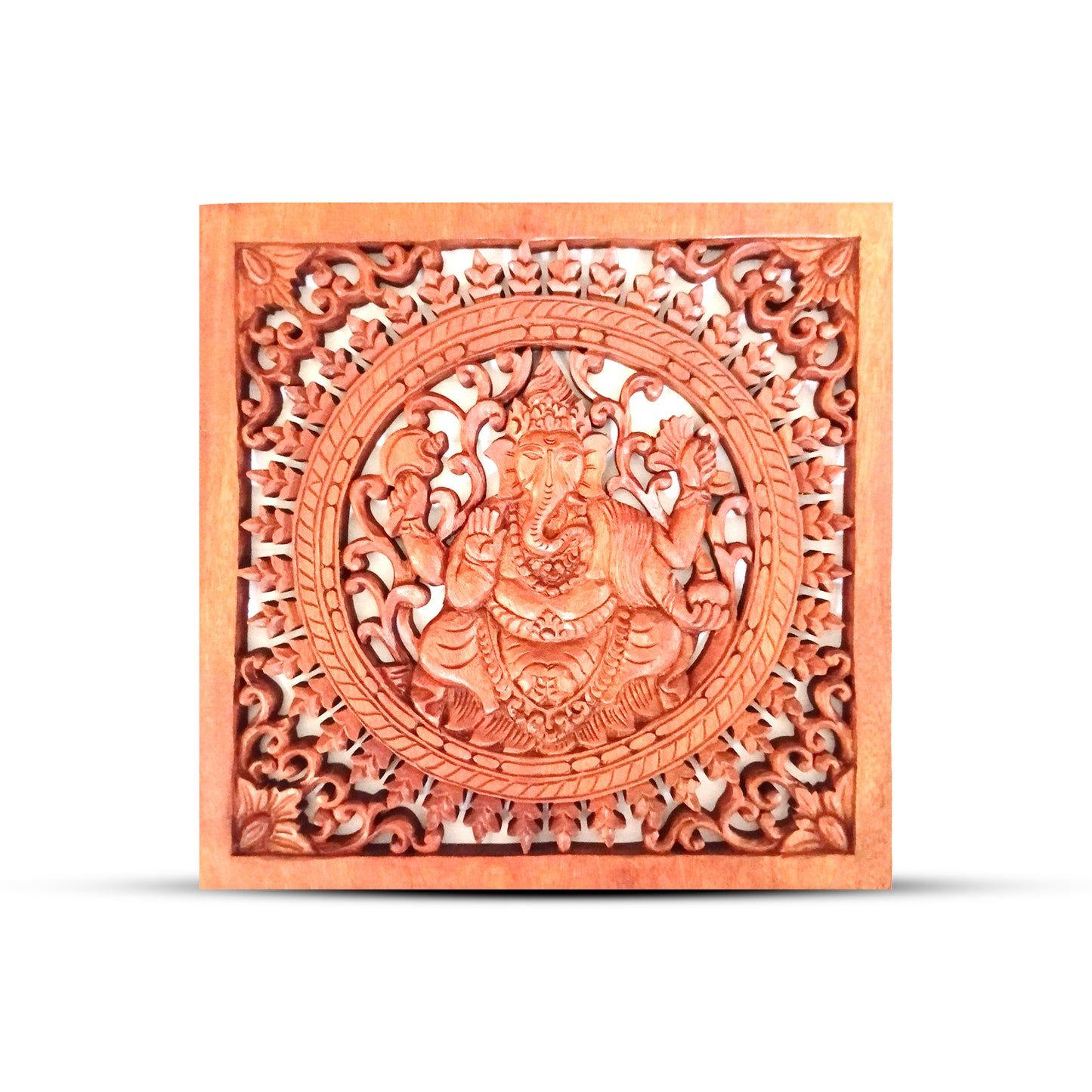 Panneau décoratif carré en bois sculpté balinais - Bouddha Ganesh (40 x 40 cm)