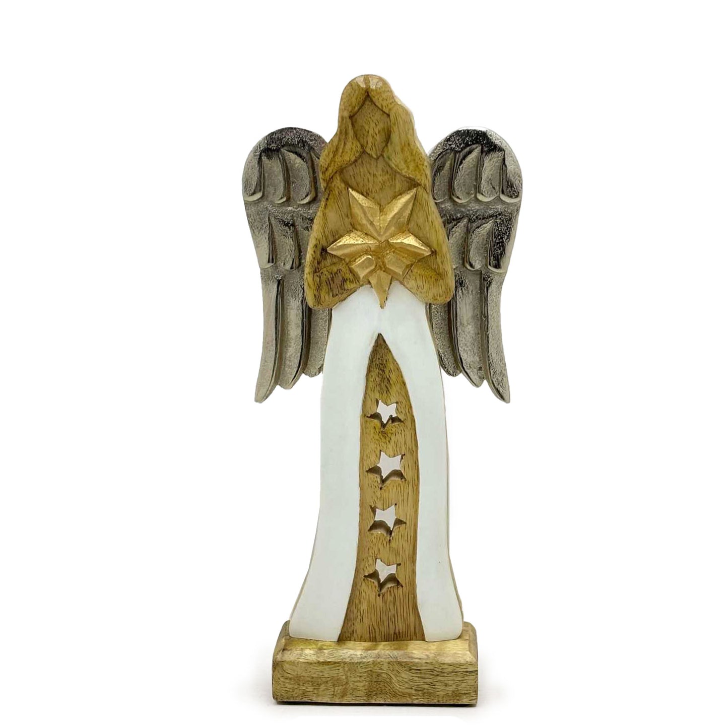 Ange avec grandes ailes de la paix en bois de manguier et détails en émail - 30 cm