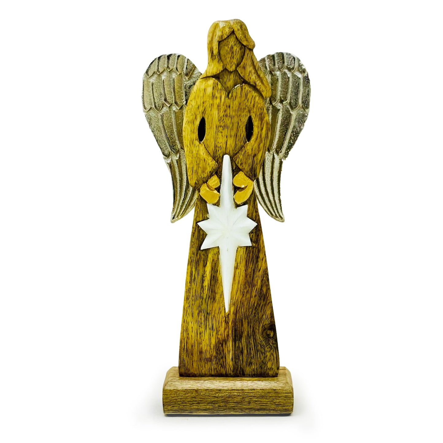 Ange avec grandes ailes de la paix en bois de manguier et détails en émail - 30 cm