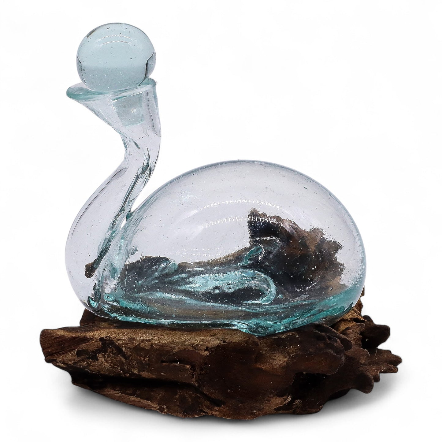 Carafe canard en verre fondu sur bois avec bouchon