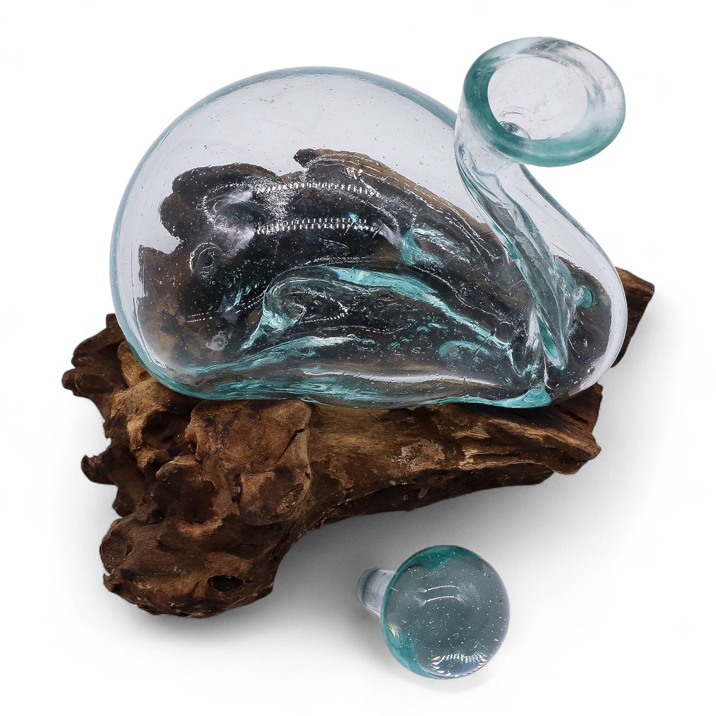 Carafe canard en verre fondu sur bois avec bouchon