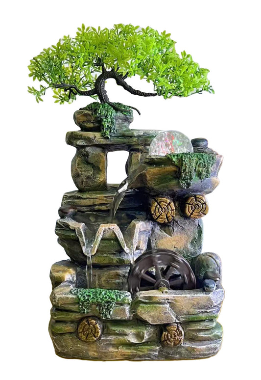Fontaine zen cascade lumineuse "Arbre, boule & roue à eau" (sur commande - 8 jours de délai)