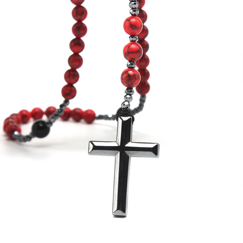 Collier Chapelet Croix - Agate noire & turquoise rouge pour homme