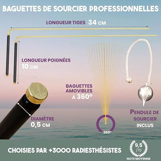 Baguettes de sourcier professionnelles + pendule divinatoire - Pack idéal pour commencer la radiesthésie