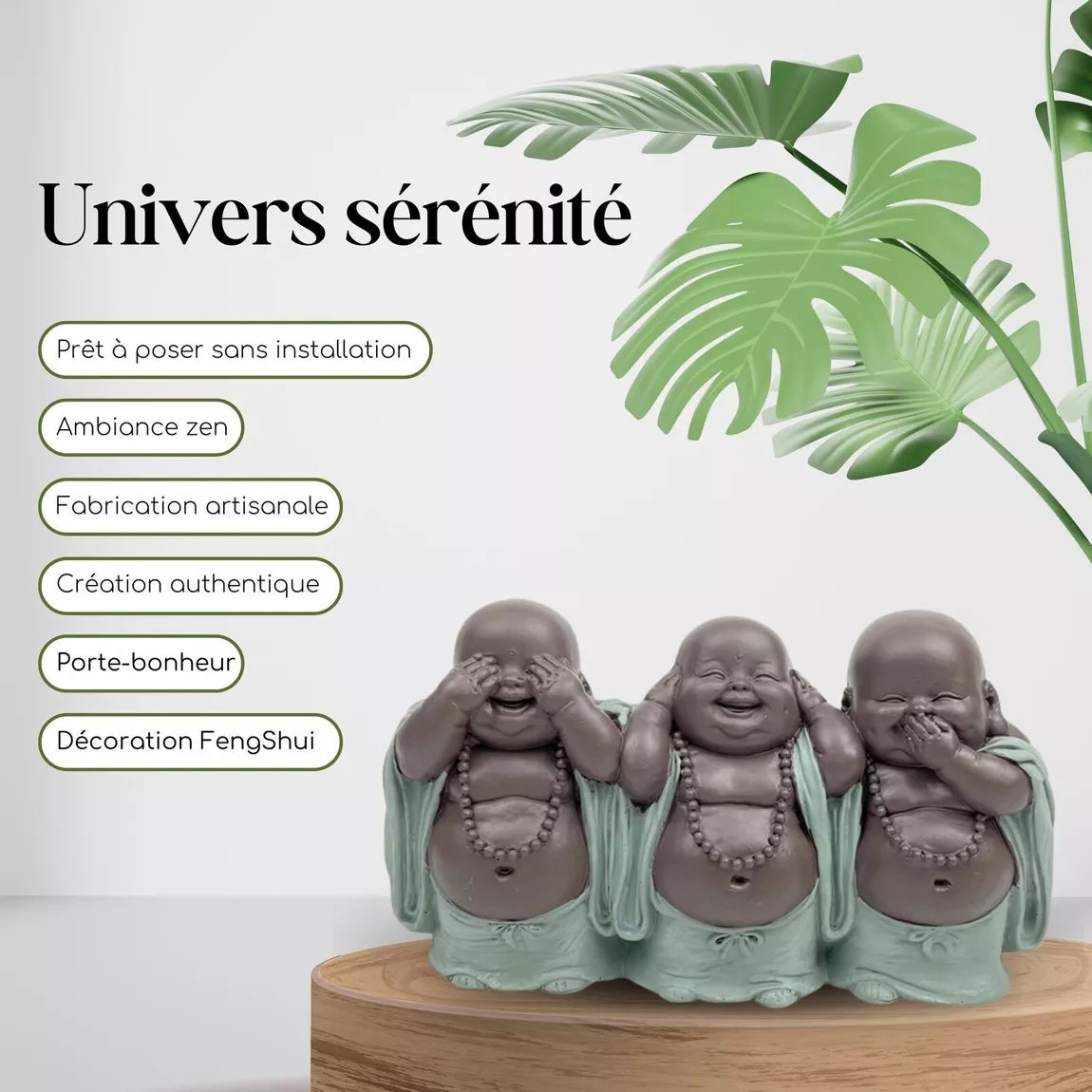Statuette 3 Bonzes sagesse - "Ne rien voir, ne rien dire, ne rien entendre" (15,5x5x9 cm)