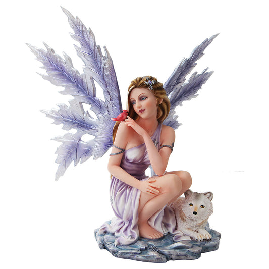 La fée d'hiver avec loup - Murmure de Lune - Fée de douceur & de protection (33 x 24 x 36 cm)