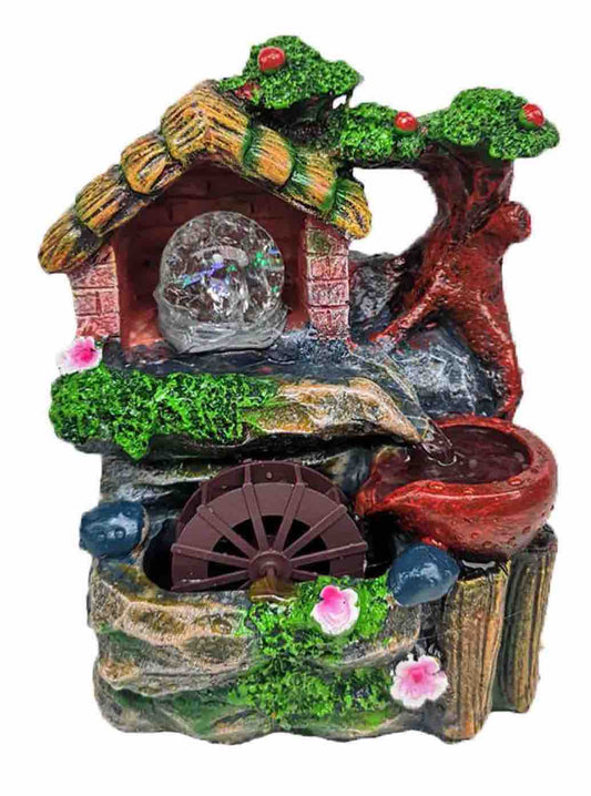 Fontaine zen lumineuse "Petite cabane, boule & roue à eau" (sur commande - 8 jours de délai)