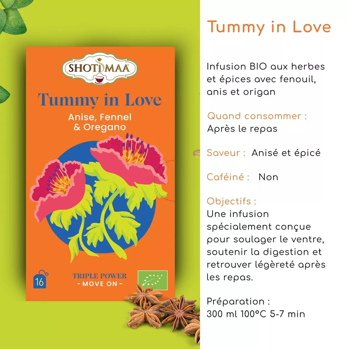 Tisane bio "TUMMY IN LOVE" - Digestive, réconfortante, apaise le ventre, favorise la digestion et apporte chaleur et légèreté