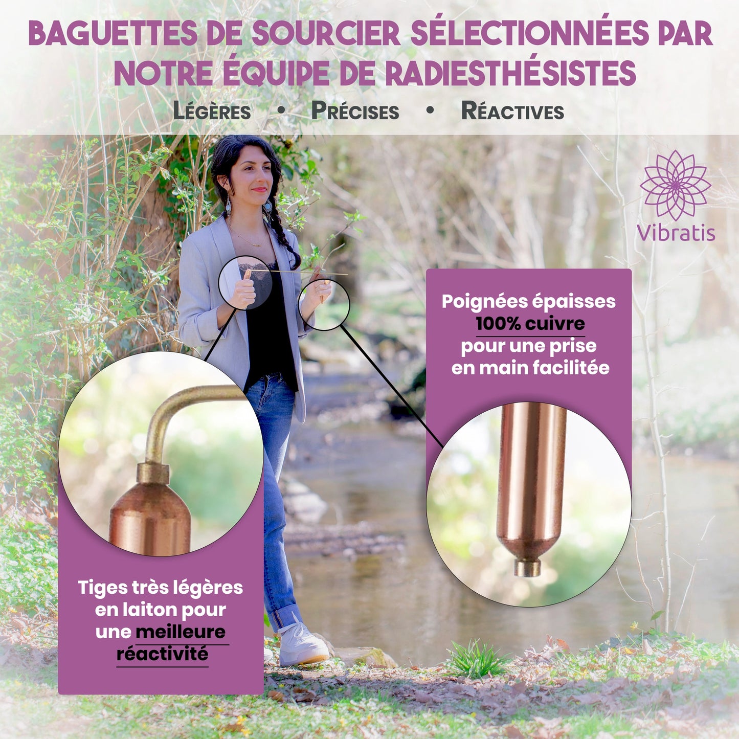 Baguettes de sourcier en laiton avec poignées fines en cuivre