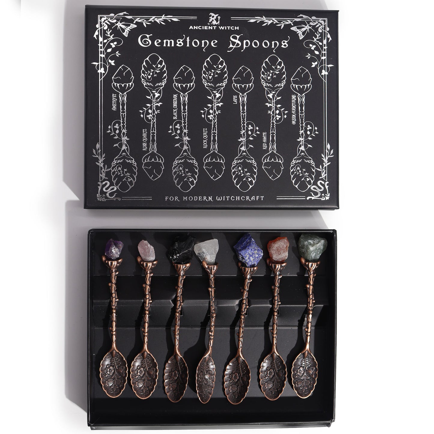 Set de 7 cuillères sorcières en cristal et pierre précieuse - Bronze