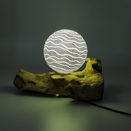 Lampe artisanale d'Indonésie lueur flottante, base en bois - Abat-jour Luna gris