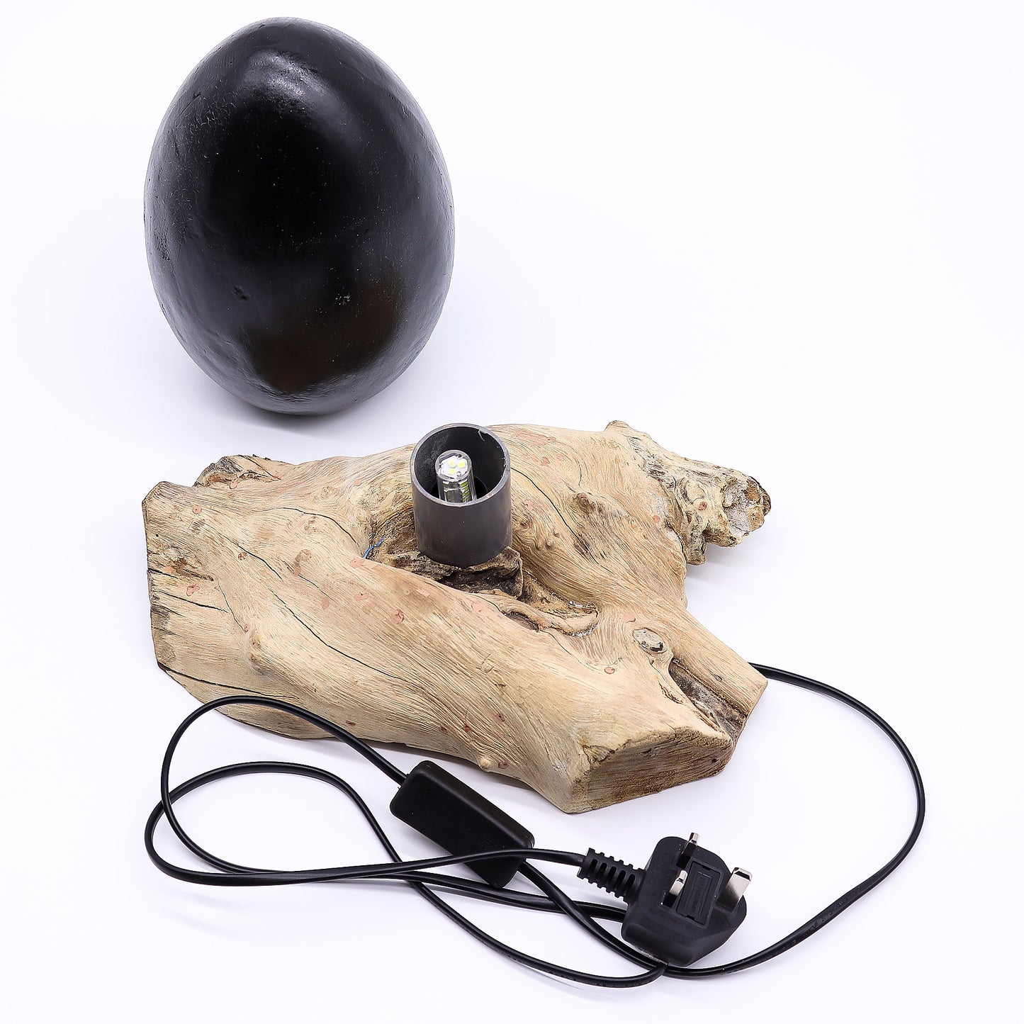 Lampe artisanale d'Indonésie lueur flottante, base en bois - Abat-jour Œuf de lave craquelé – Gris