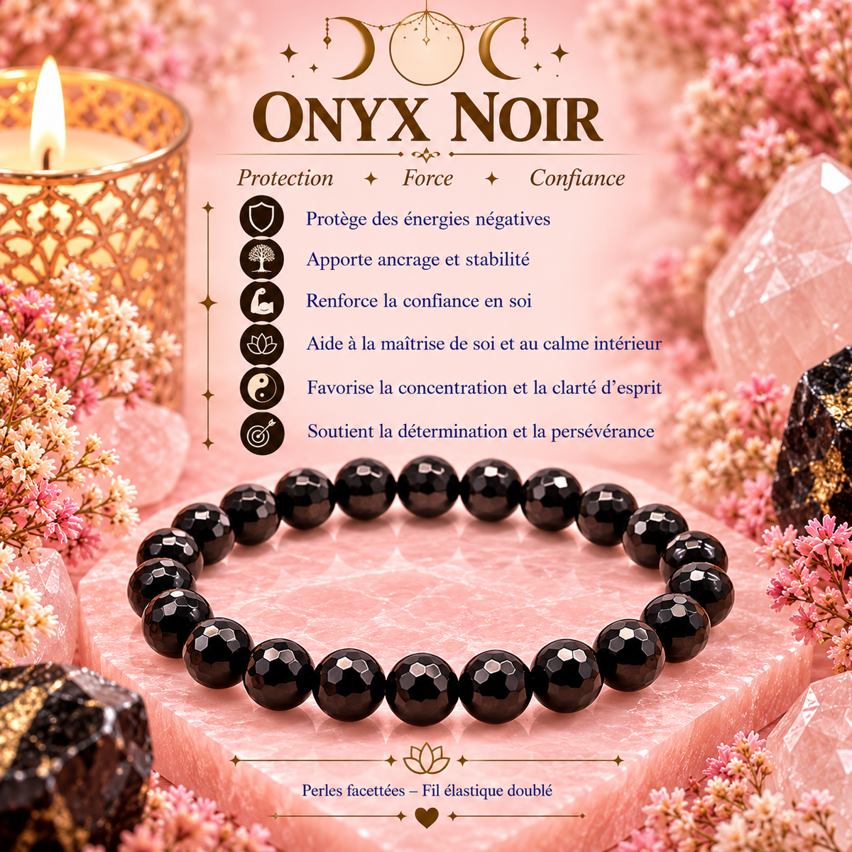 Bracelet en Onyx Noir – Protection, Force & Confiance en Soi (Signe du Capricorne)