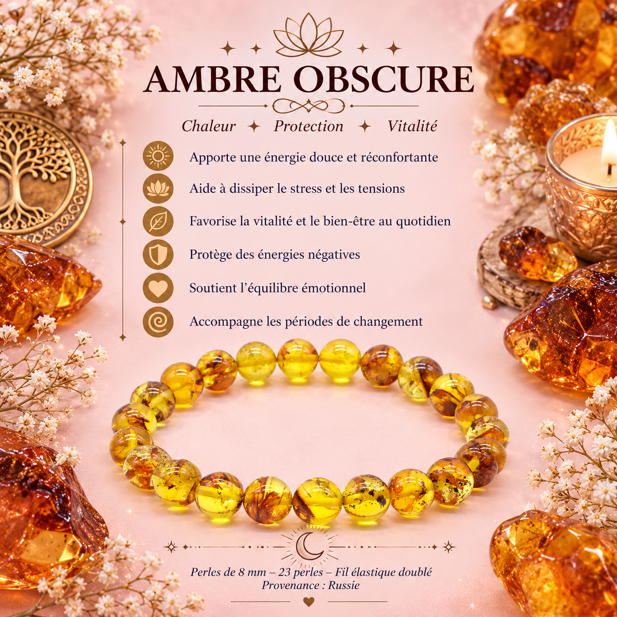 Bracelet Ambre obscure - Perles - 8 mm