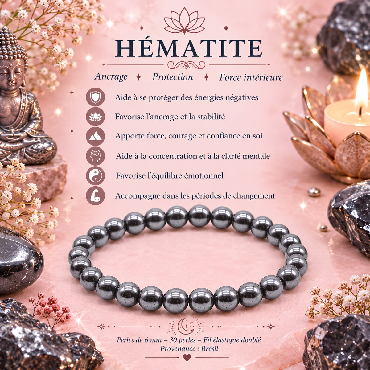 Bracelet Hématite - Perles - 6 mm
