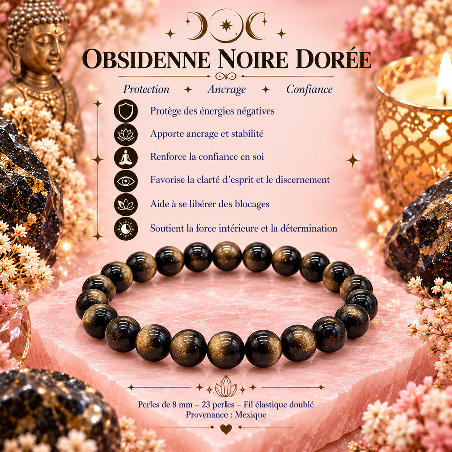 Bracelet en Obsidienne Noire Dorée – Protection, Ancrage & Force Intérieure (Signe du Scorpion)