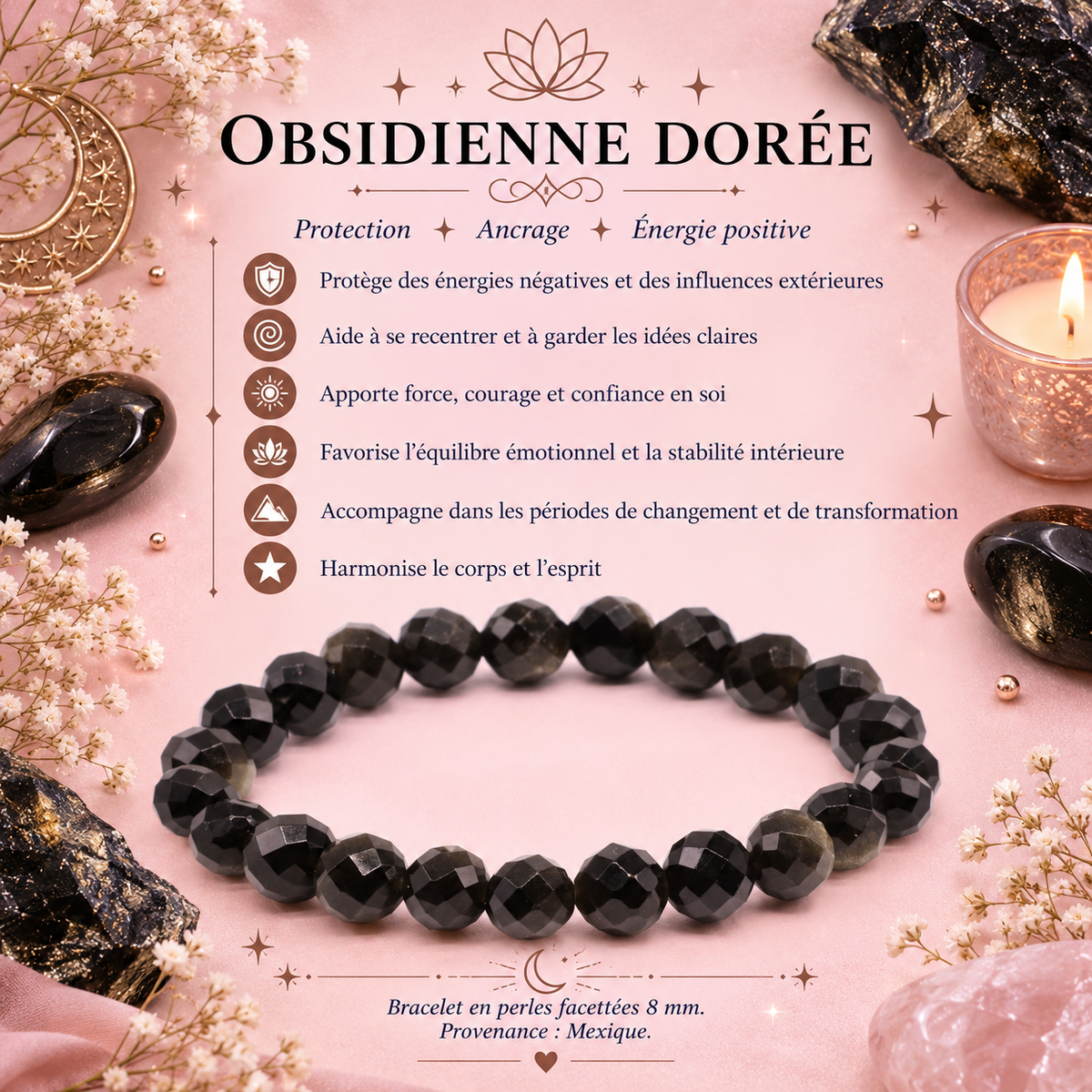 Bracelet Obsidienne dorée – Perles facettées - 8 mm