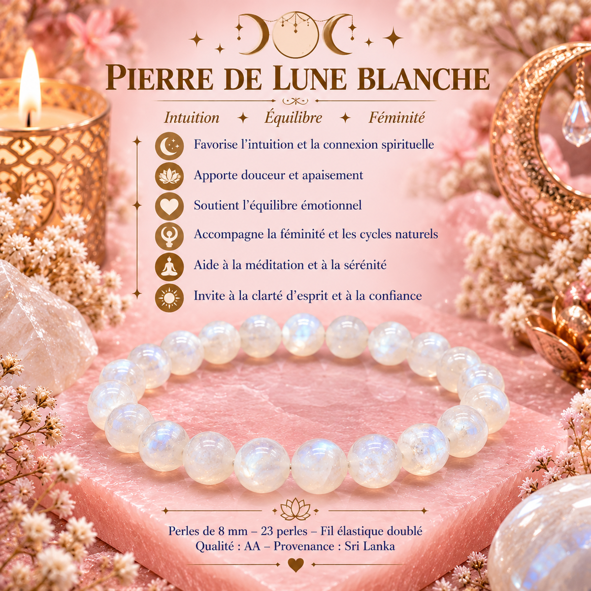 Bracelet en Pierre de Lune Blanche AA – Féminité, Intuition & Harmonie (Signe du Cancer)