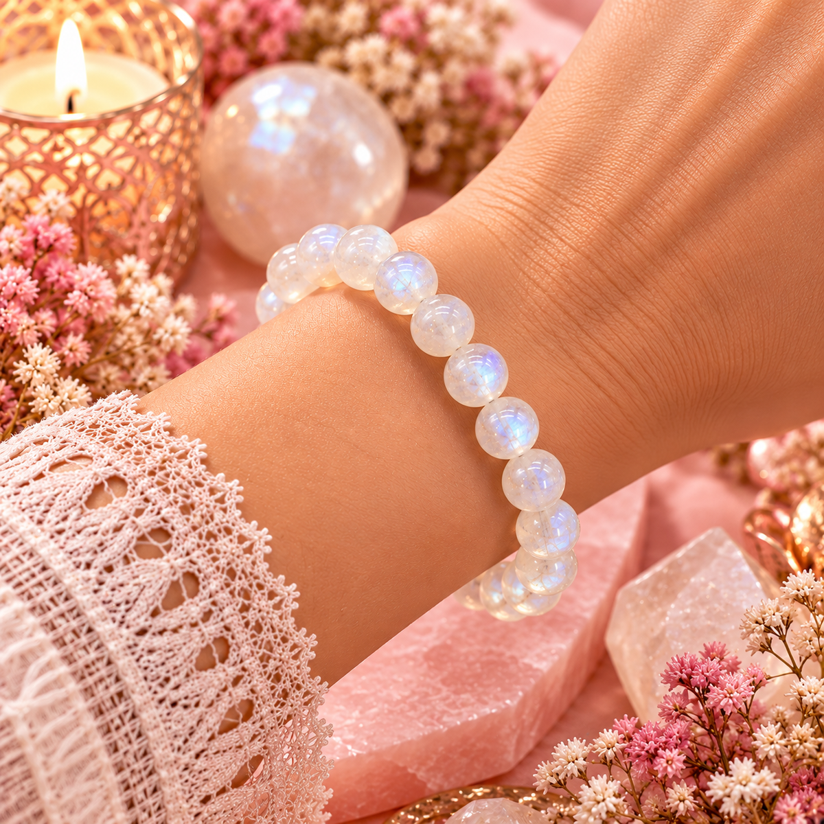 Bracelet en Pierre de Lune Blanche AA – Féminité, Intuition & Harmonie (Signe du Cancer)