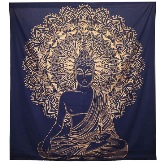 Couvre-lit ou Tenture murale en coton - Bouddha - Or & Bleu (200x230 cm)