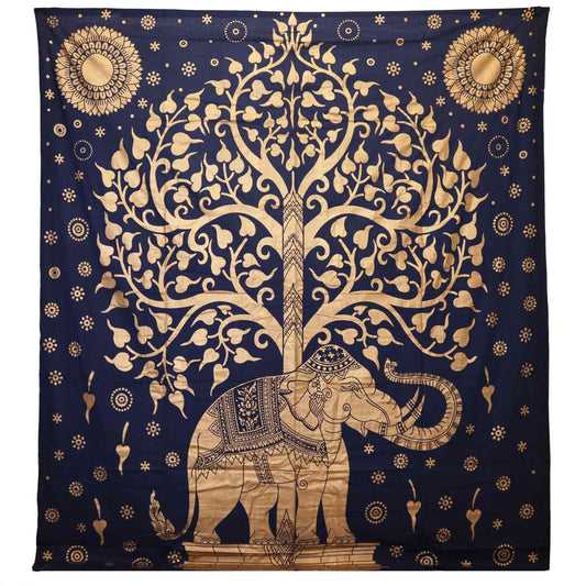 Couvre-lit ou Tenture murale en coton - Elephant & tree - Or & Bleu (200x230 cm)