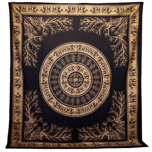 Couvre-lit ou Tenture murale en coton - Elephant jungle - Or & Noir (200x230 cm)