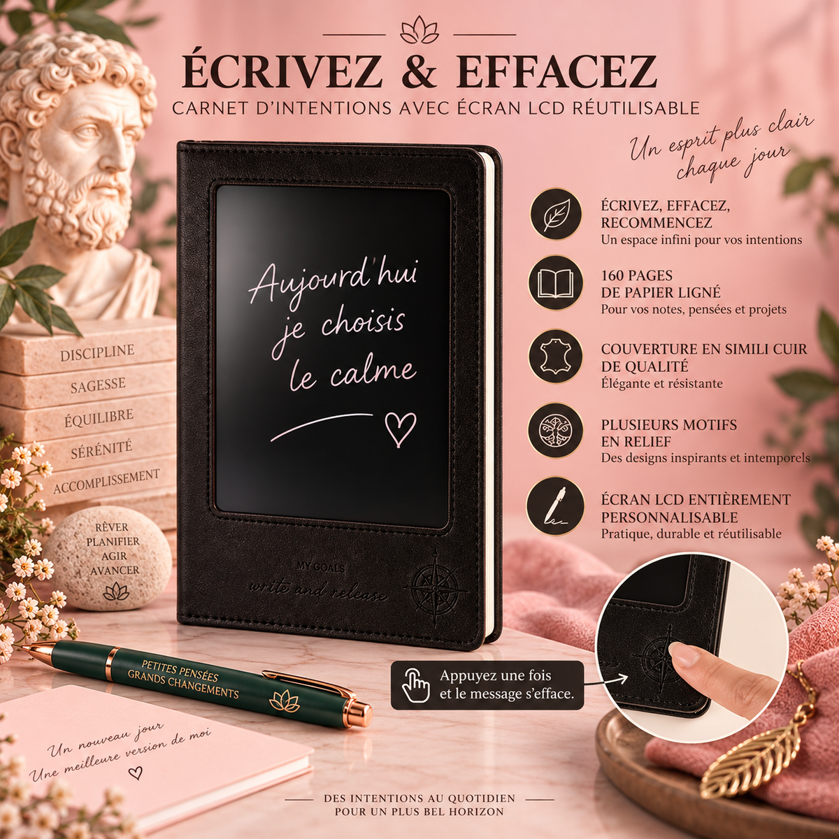 Carnet d’Intentions – Effet Cuir avec Écran LCD Réutilisable (plusieurs couleurs)