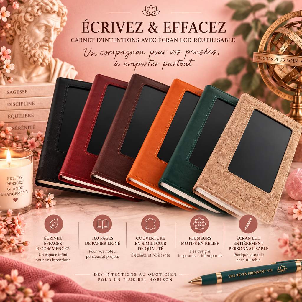 Carnet d’Intentions – Effet Cuir avec Écran LCD Réutilisable (plusieurs couleurs)