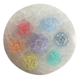 Disque de recharge en sélénite – Chakras colorés - 8 cm