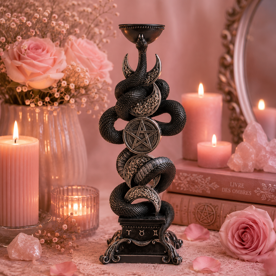 Bougeoir triple lune avec serpent noir (20,7x13,8x49,5 cm)