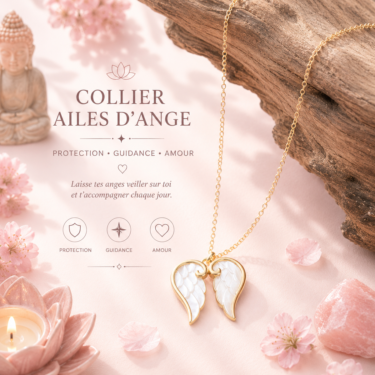 Collier ailes d’ange  cœur nacré et symbolisme céleste