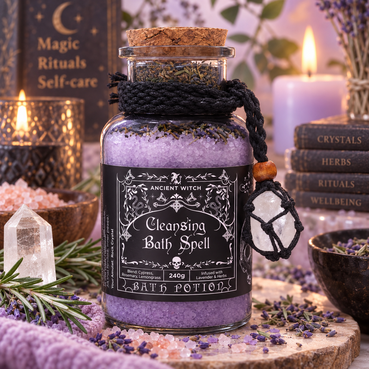 Potion de bain sorcière ancestrale - Amulette en cristal de Roche - Purification