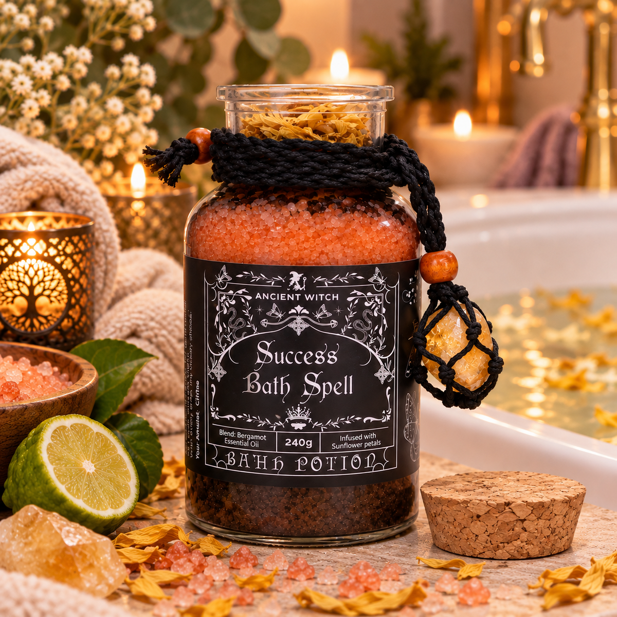 Potion de bain sorcière ancestrale - Amulette en cristal de Citrine - Succès