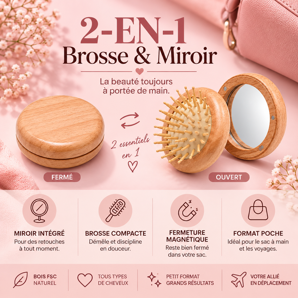 Pocket Duo Beauty - Brosse & miroir compact en bois