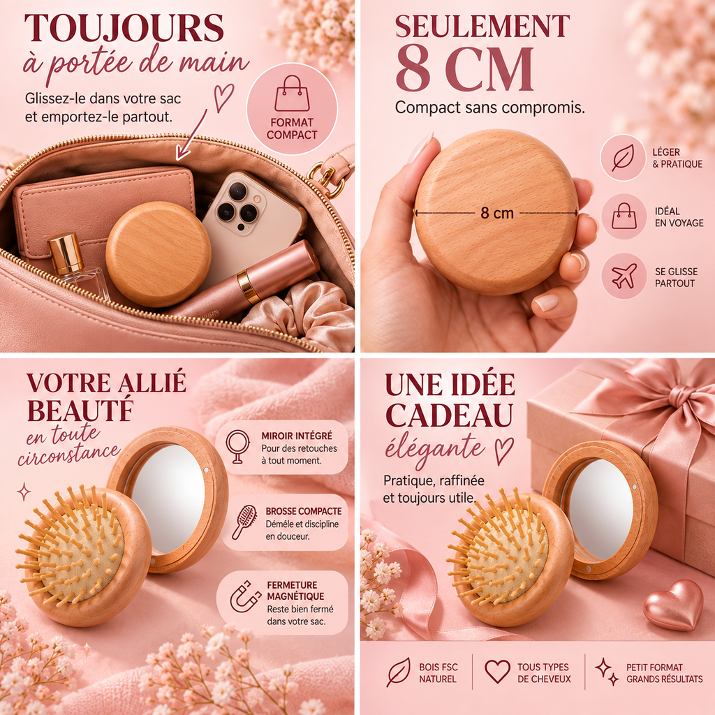 Pocket Duo Beauty - Brosse & miroir compact en bois