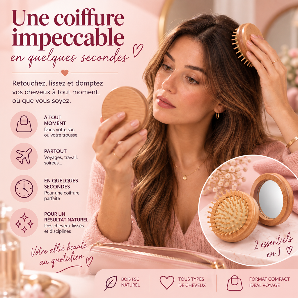 Pocket Duo Beauty - Brosse & miroir compact en bois