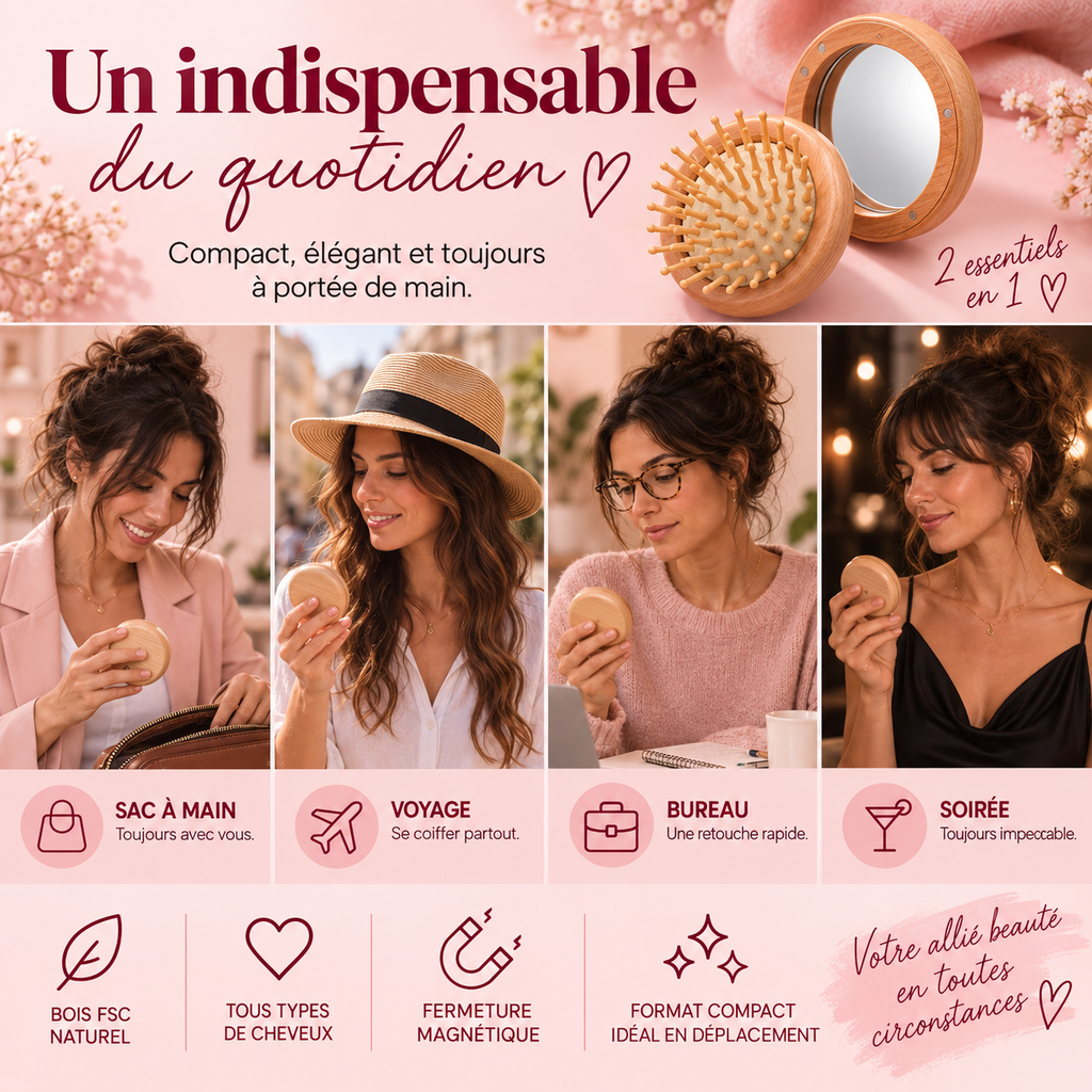 Pocket Duo Beauty - Brosse & miroir compact en bois