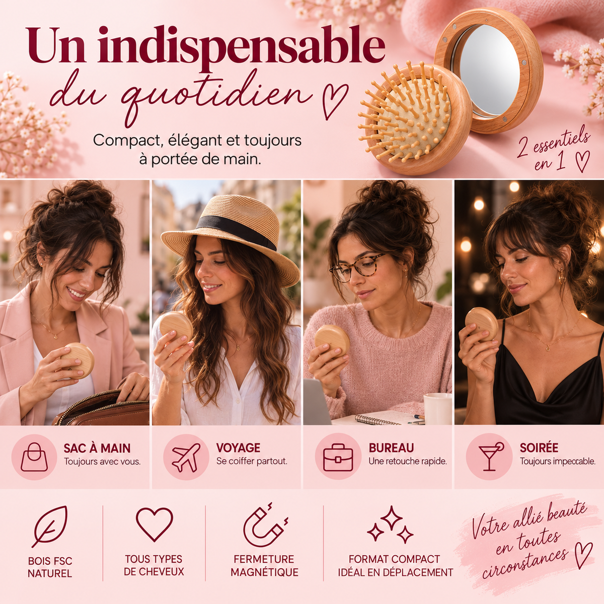 Pocket Duo Beauty - Brosse & miroir compact en bois