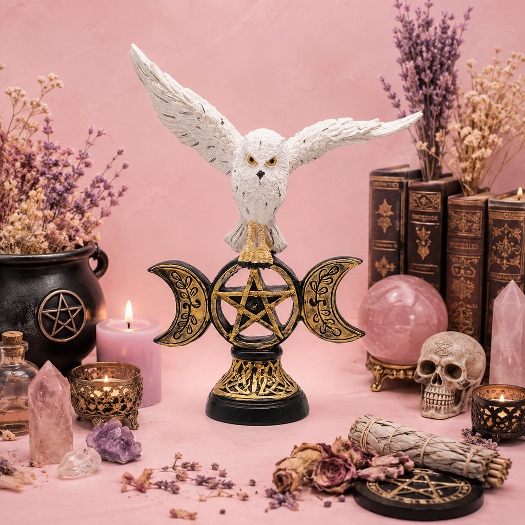 Chouette blanche Triple lune & Pentagramme - Statue Wicca en résine (15,2x6,5x19,3 cm)