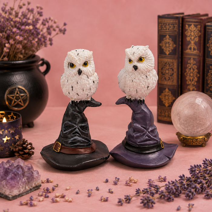 Duo de Hiboux sorciers sur chapeaux - Décoration Wicca en résine (6,3x6,2x10,2 cm)