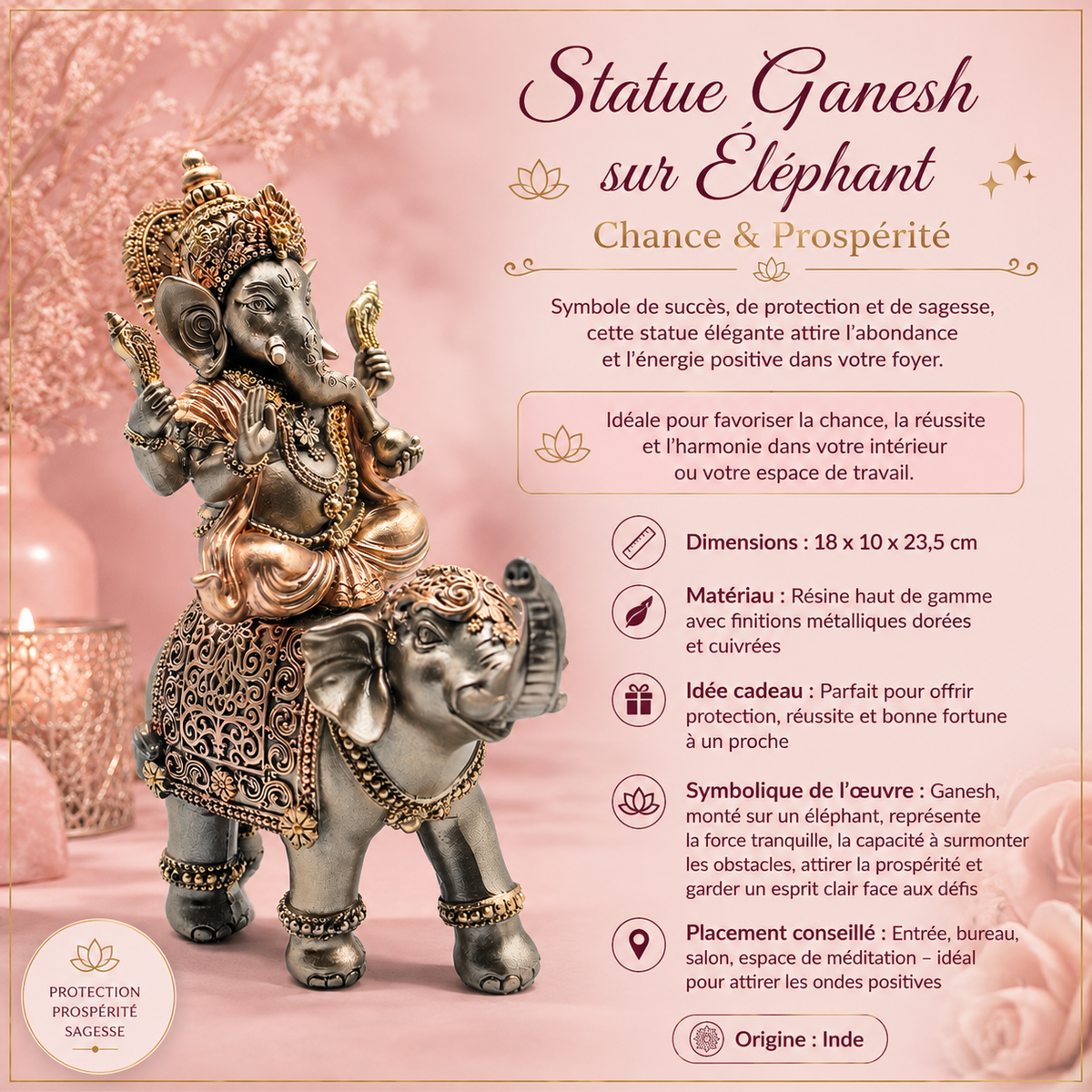 Statue Ganesh sur éléphant - Chance & Prospérité