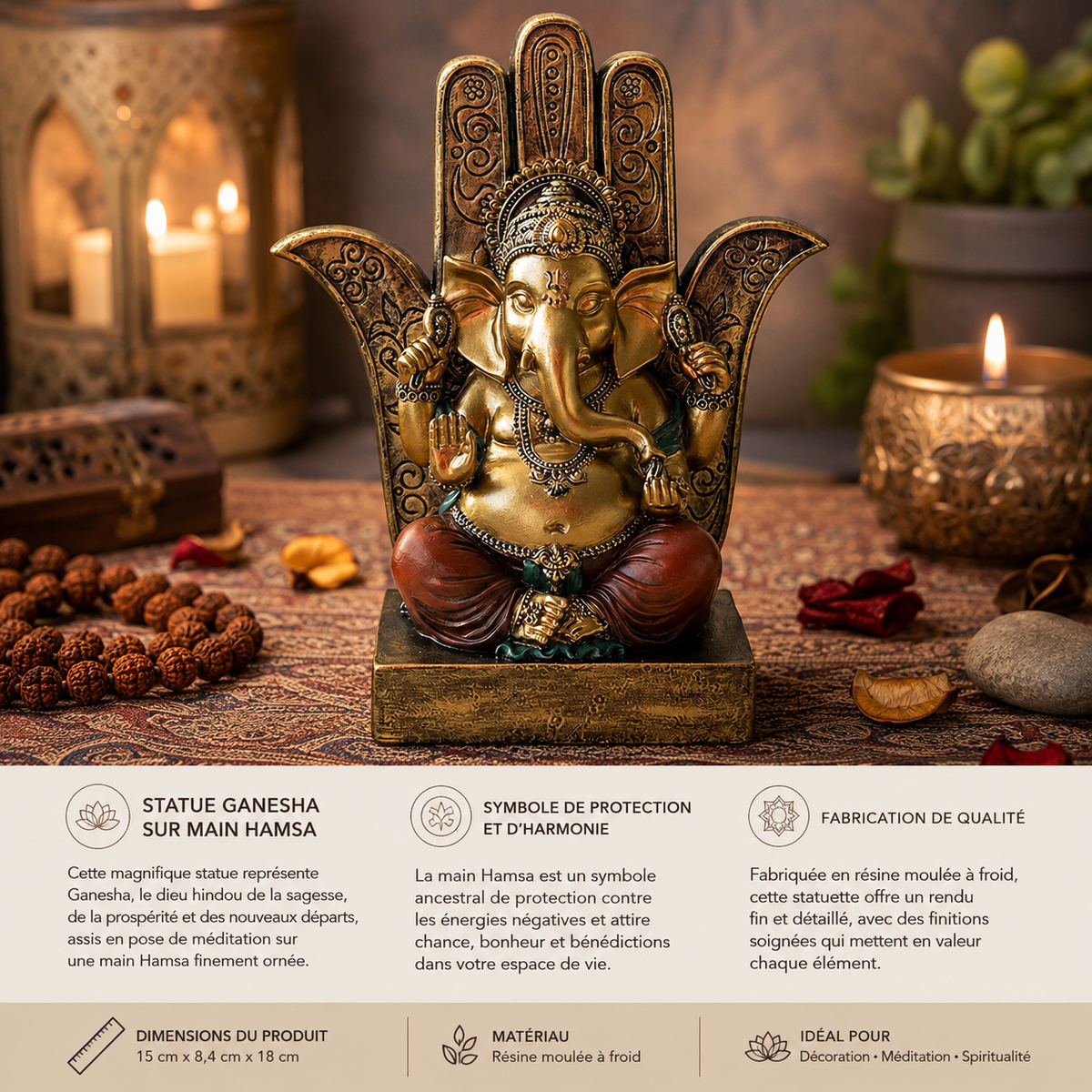 Statue Ganesha sur Main Hamsa - Protection & Prospérité (15x8,4x18 cm)