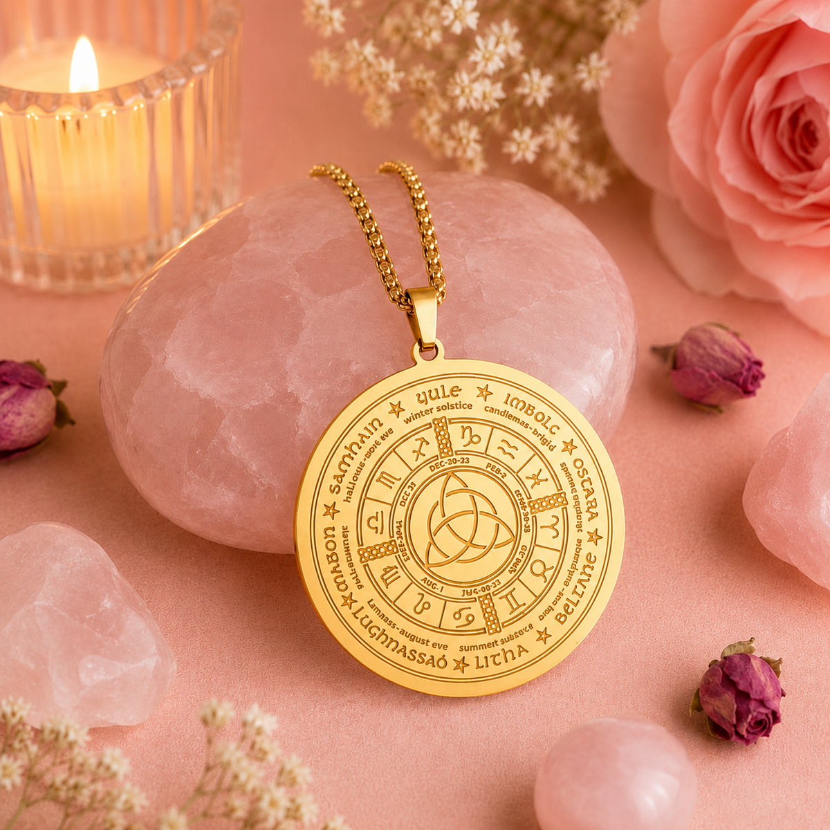 Pendentif Wicca - Roue de l'Année & Triquetra - Acier inoxydable ou plaqué or 18K