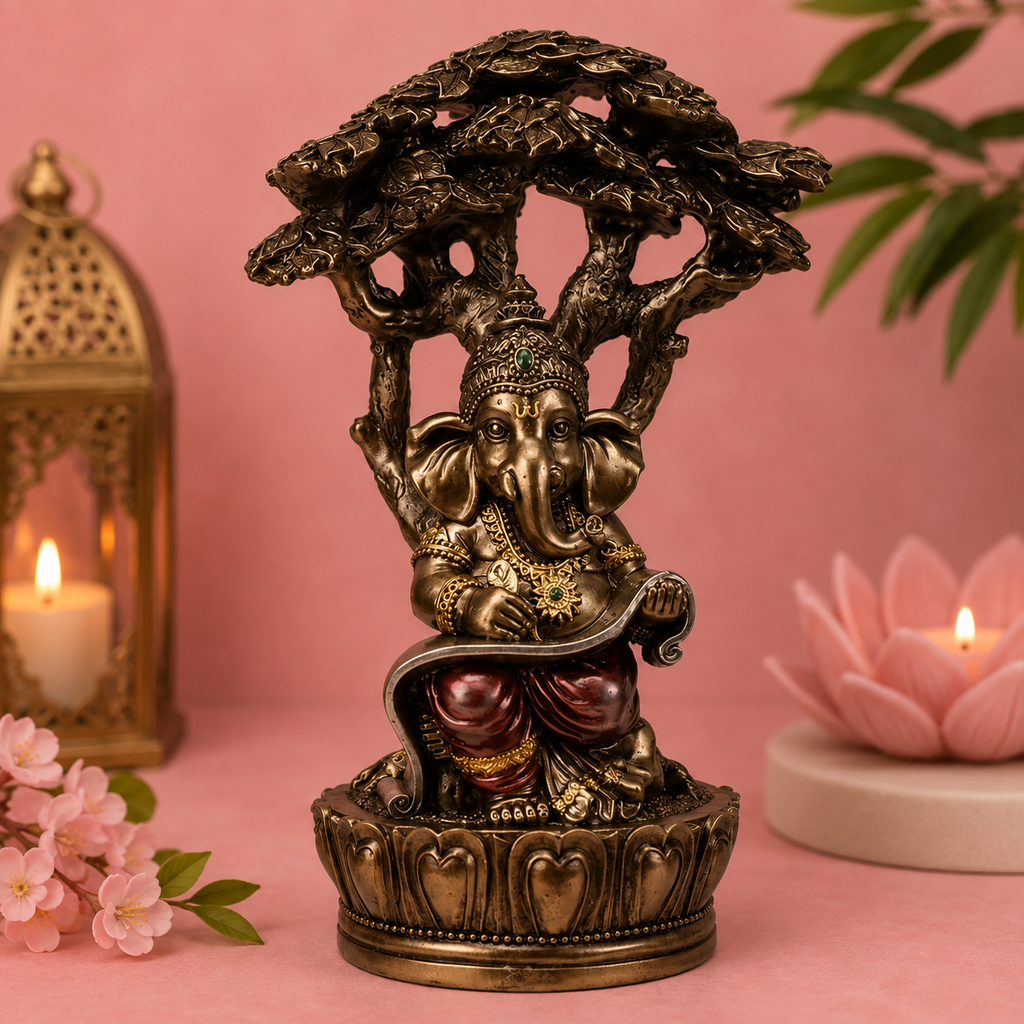 Ganesha lisant sous l'arbre - Sagesse & Connaissance (15x11x23 cm)