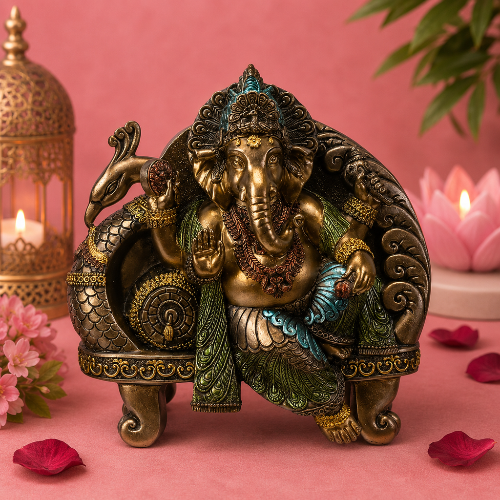 Ganesha assis sur trône de paon - Sagesse & Prospérité (21x10x20 cm)