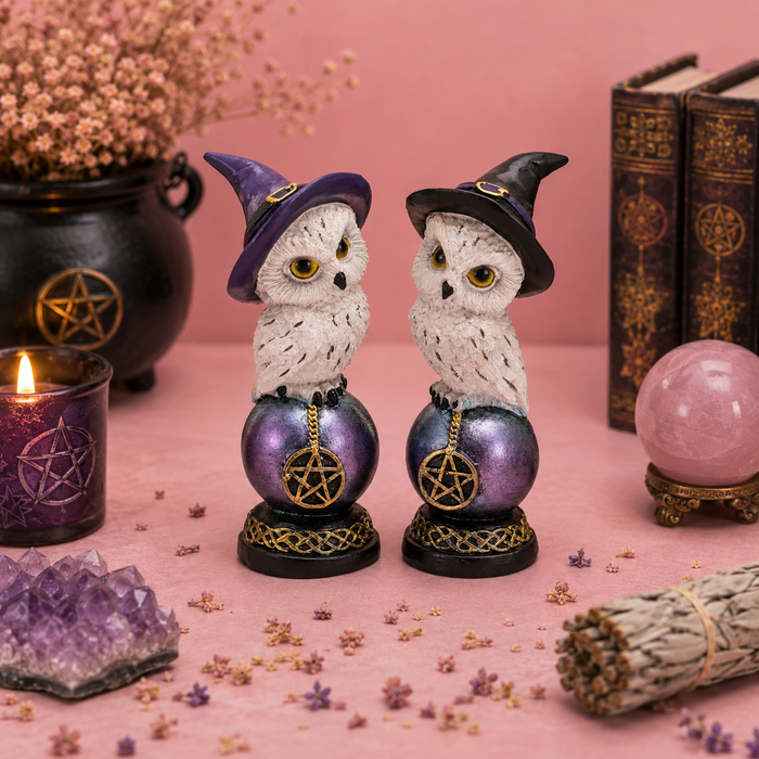 Duo de Chouettes sorcières sur boule pentagramme - Décoration Wicca en résine (5,5x4,5x12,5 cm)